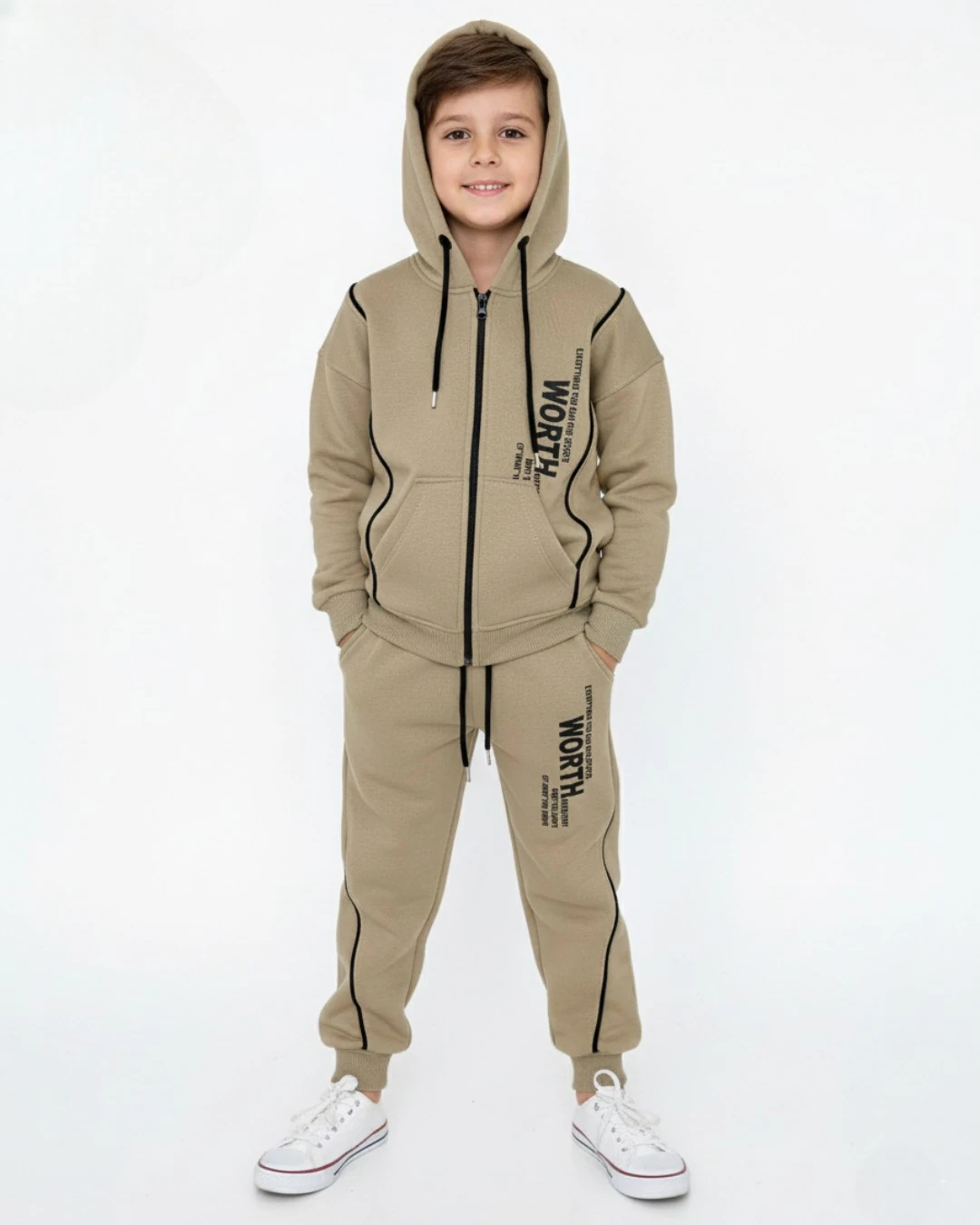 Erkek Çocuk Kışlık 3 İp Şardonlu Fermuarlı Ceketli 2'li Alt Üst Eşofman Takımı 6-13 Yaş R2412