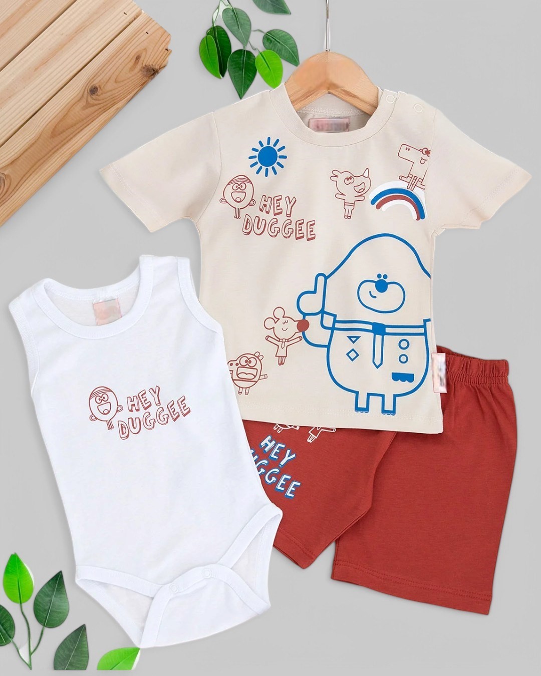 ERKEK BEBEK 3 PARÇA YAZLIK ÇITÇITLI BODYLİ BASKILI İNTERLOK 6-9-12-18-24 AY BEBEK TAKIMI R1689 - KREM