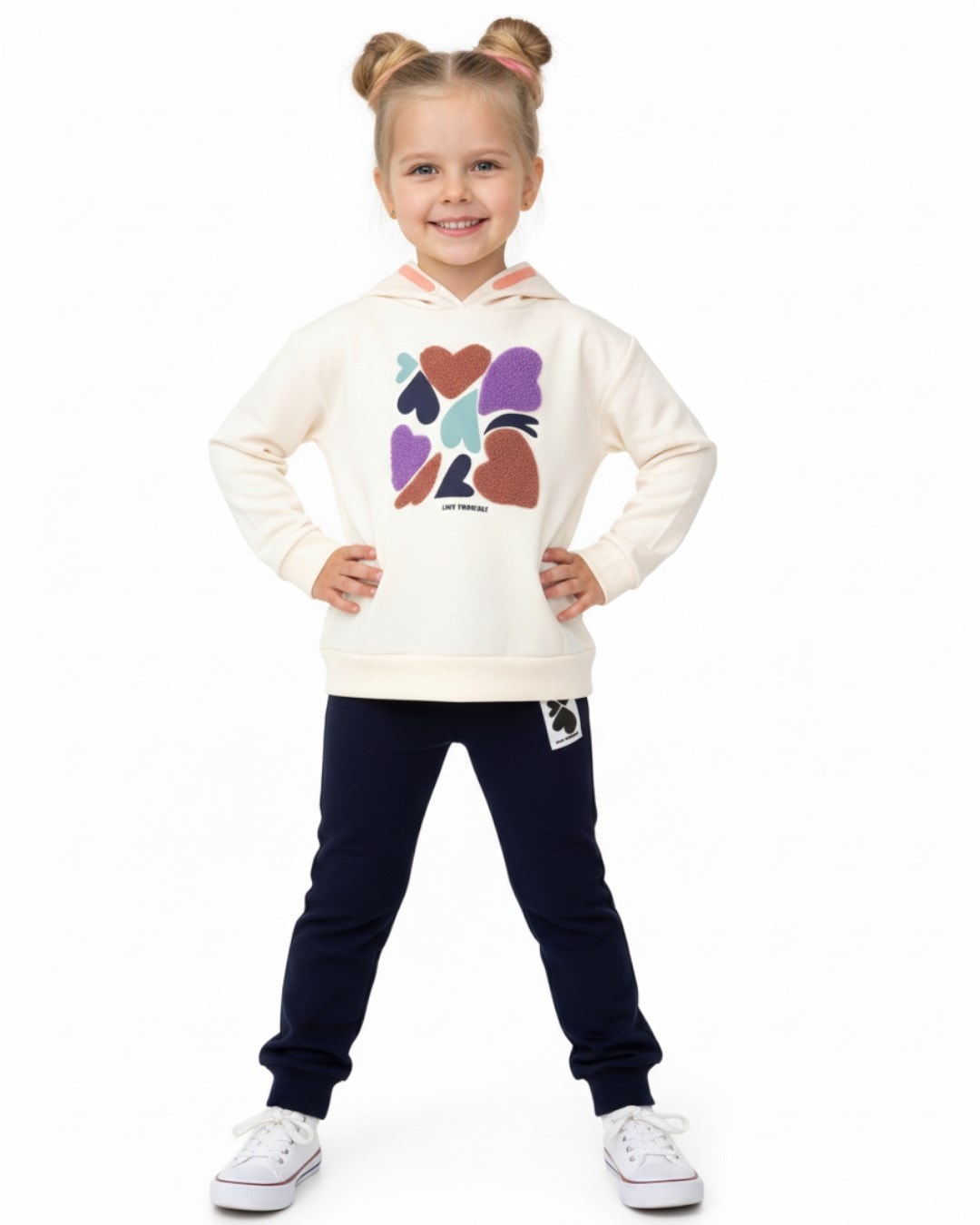 Kız Çocuk Kalp Baskılı, Kapüşonlu Sweatshirtlü Mevsimlik 2-3-4-5-6 Yaş Alt Üst Eşofman Takımı R2327 - BEYAZ