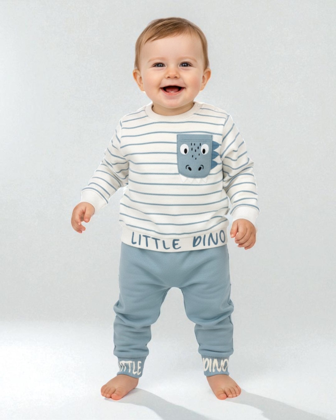 Erkek Bebek Mevsimlik Çizgili Bisiklet Yaka Uzun Kollu %100 Pamuk Bebek Takımı R639 - İndigo