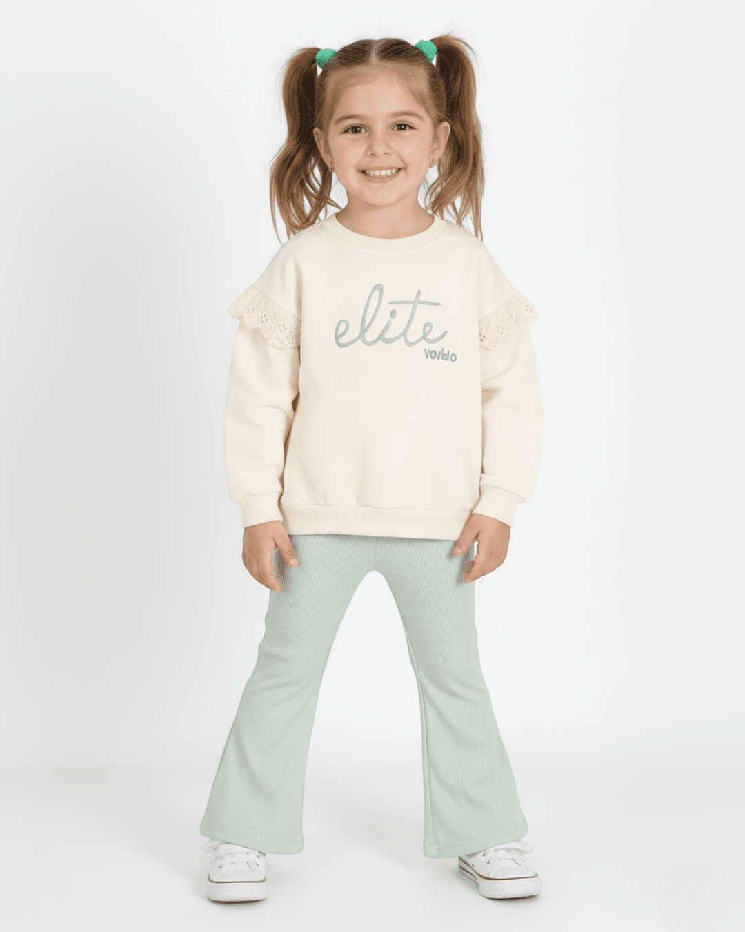 Kız Çocuk Mevsimlik Takım Elite Nakışlı Çan Kesim Oversize Fitilli Taytlı Şık Takım R551 - YEŞİLLİ