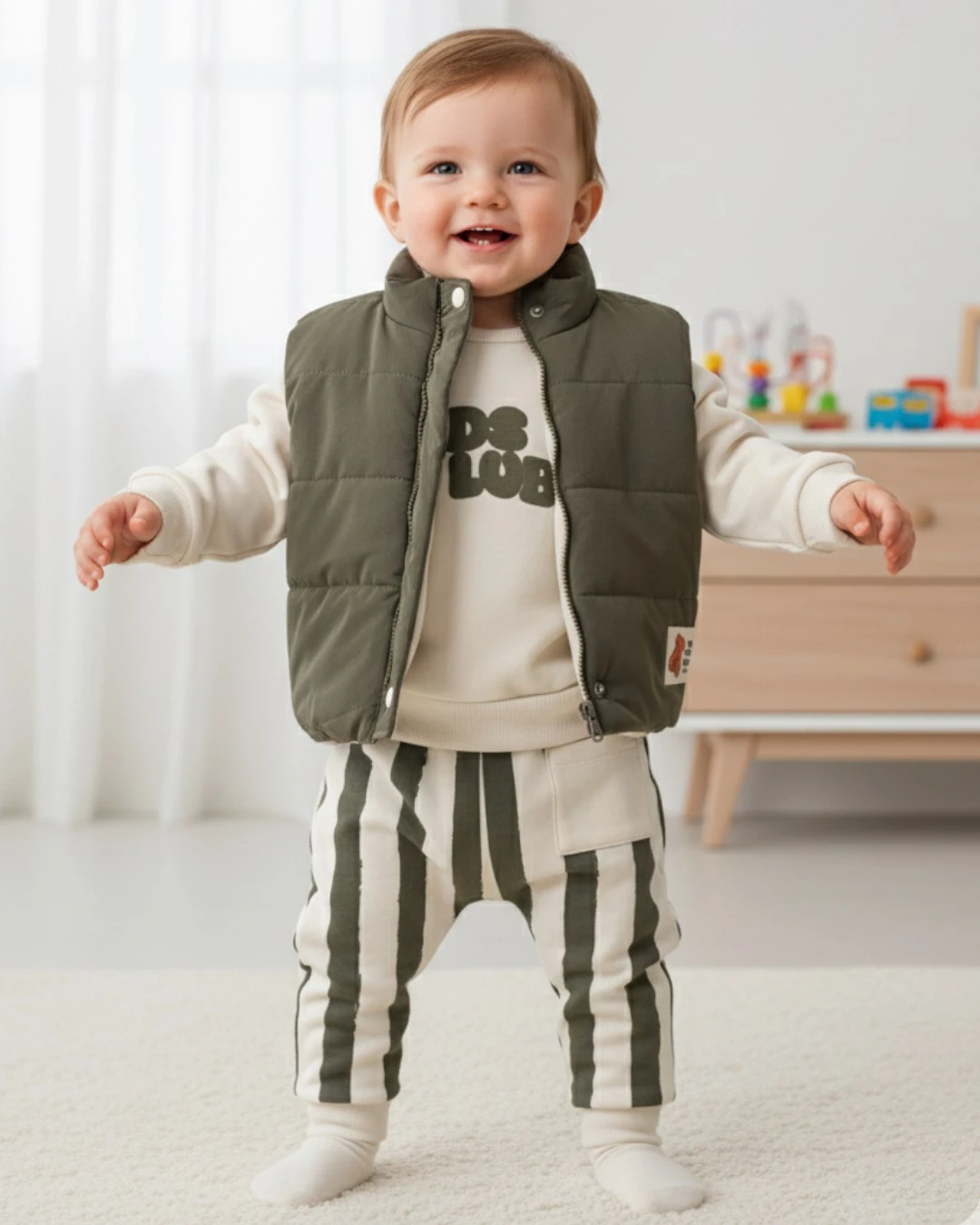 Erkek Bebek Yelekli Şık Kombin, 6-9-12-18-24 Aylık 3 Parçalı Şişme Yelekli Alt Üst Bebek Takımı R2344 - HAKİ