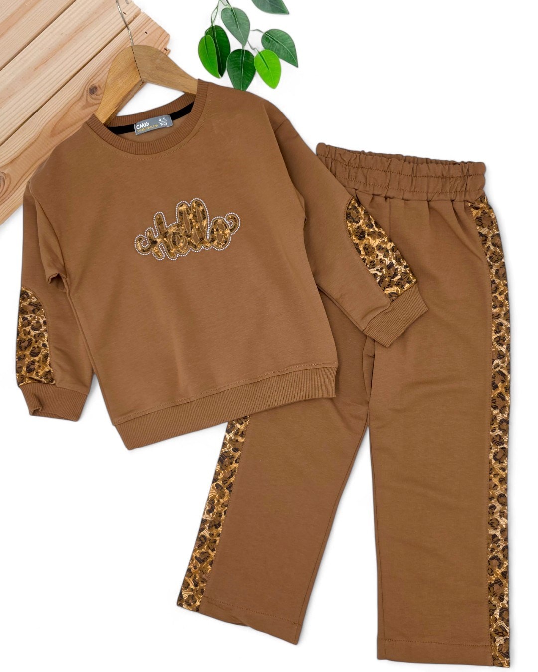 Kız Çocuk Boydan  Leopar Ve Dantel Detaylı 2 İplik Mevsimlik Compact Geniş Paçalı Şık Eşofman Takımı  R2192