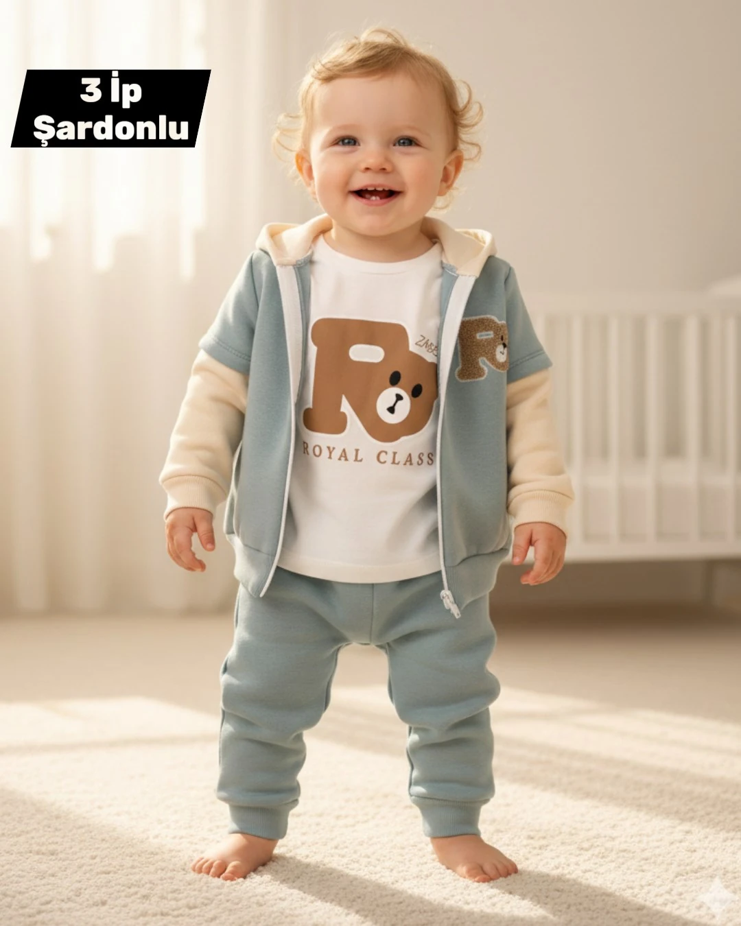 Erkek Bebek Ayıcık Baskılı, Kışlık 3 İp Şardonlu Ceket ve Altlı, İnce Badili 6-9-12-18-24 Ay 3'lü Takım R2298 - YEŞİL