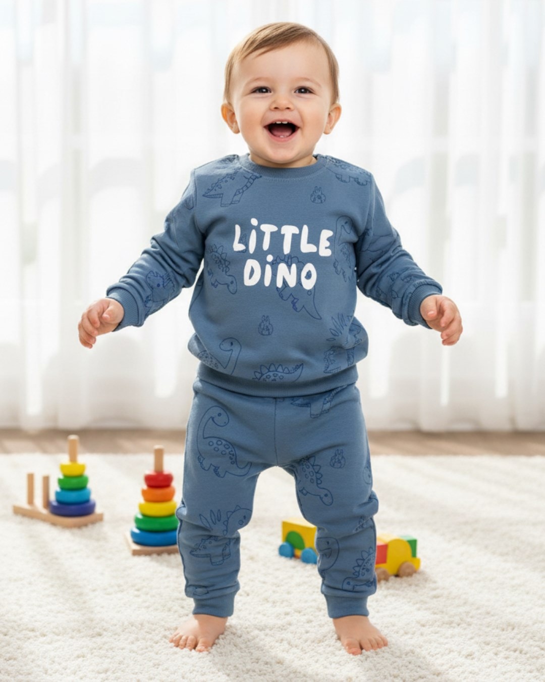 Erkek Bebek Little Dino Baskılı 6-9-12-18-24 Ay Mevsimlik, Uzun Kollu 2 İplik Bebek Takımı R2139 - MAVİ