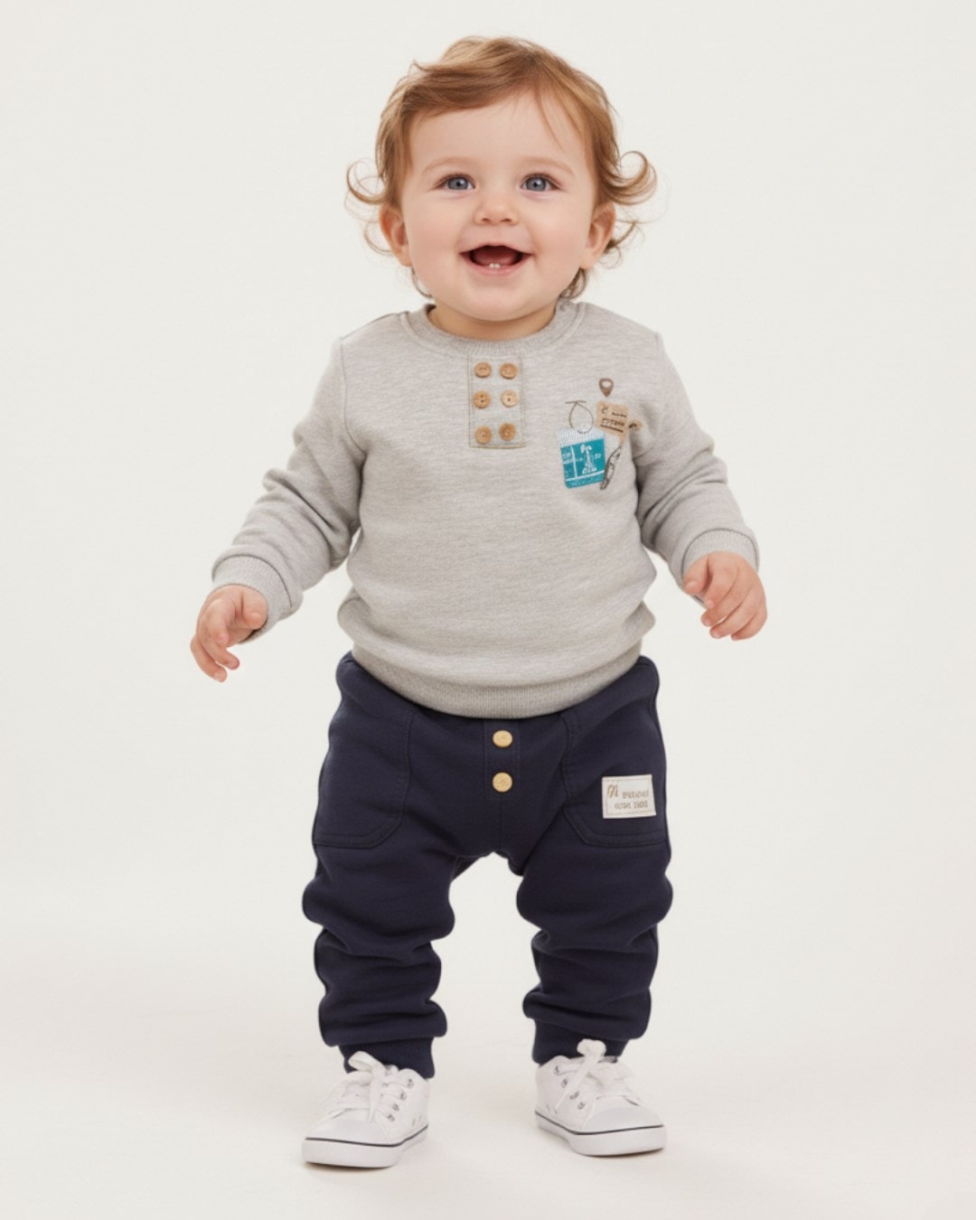 Erkek Bebek 6-9-12-18-24 Ay Mevsimlik Cep Detaylı Mevsimlik Alt Üst Takım R2320 - GRİ