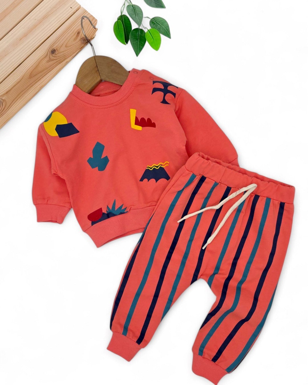 Erkek Bebek Mevsimlil Baskılı Sweatshirt, Çizgili Altlı 6-9-12-18-24 Ay 2'li Alt Üst Takım R2103 - ÇOK RENKLİ