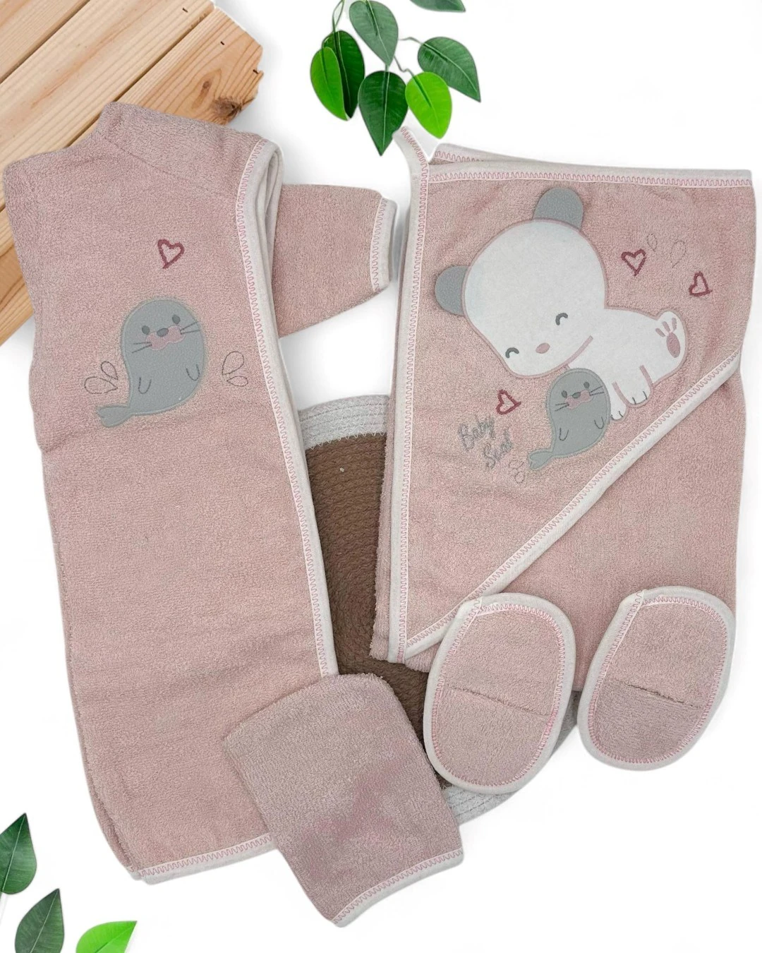 Kız Bebek Kedi Detaylı Lüks Bornoz Takımı Havlu Seti Pamuk Kumaş  BN4 - GÜL KURUSU