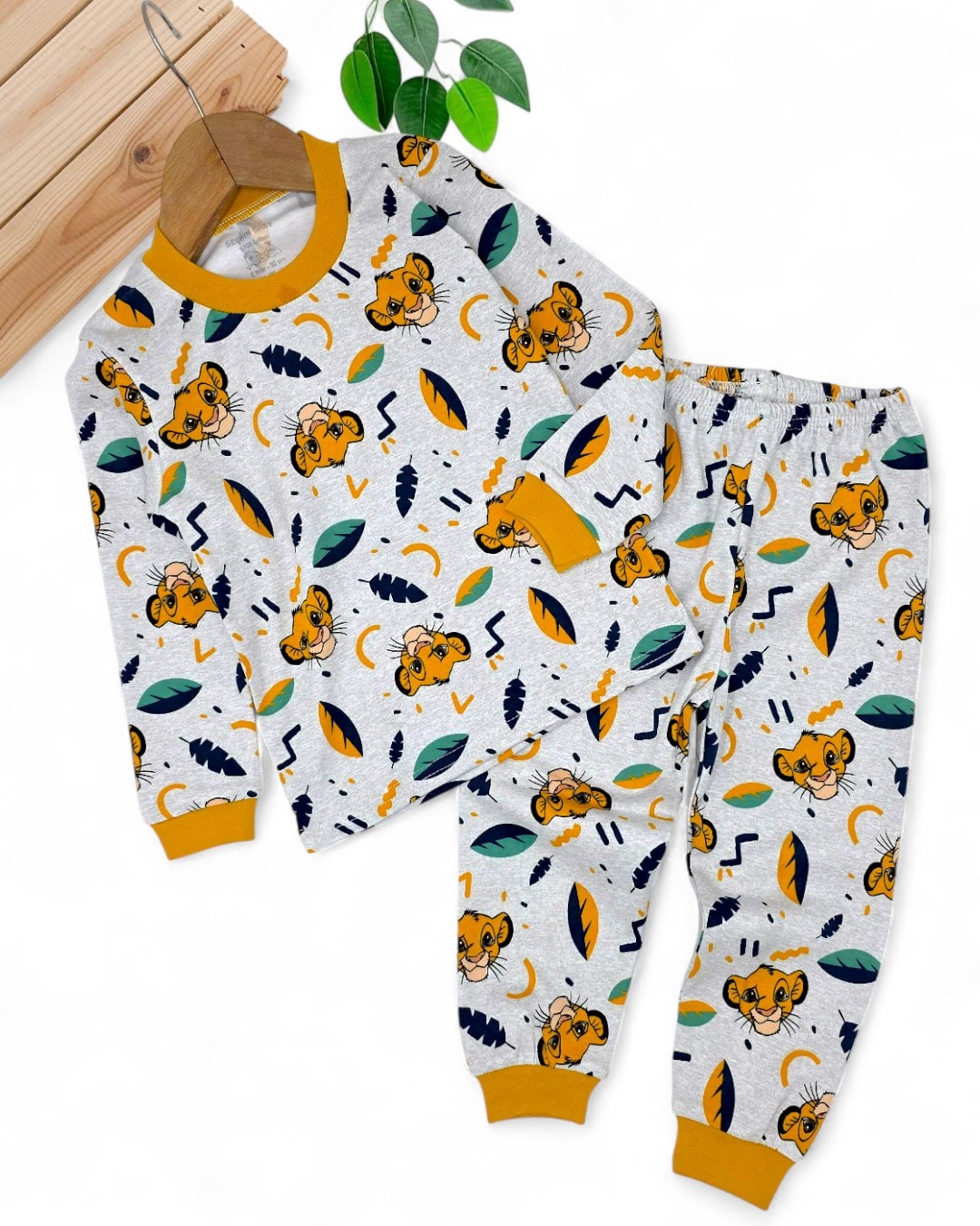 Erkek Bebek Aslan Kral Baskılı Mevsimlik %100 Pamuklu Bisiklet Yakalı Gecelik Pijama Takımı 0-6 Yaş R2253 