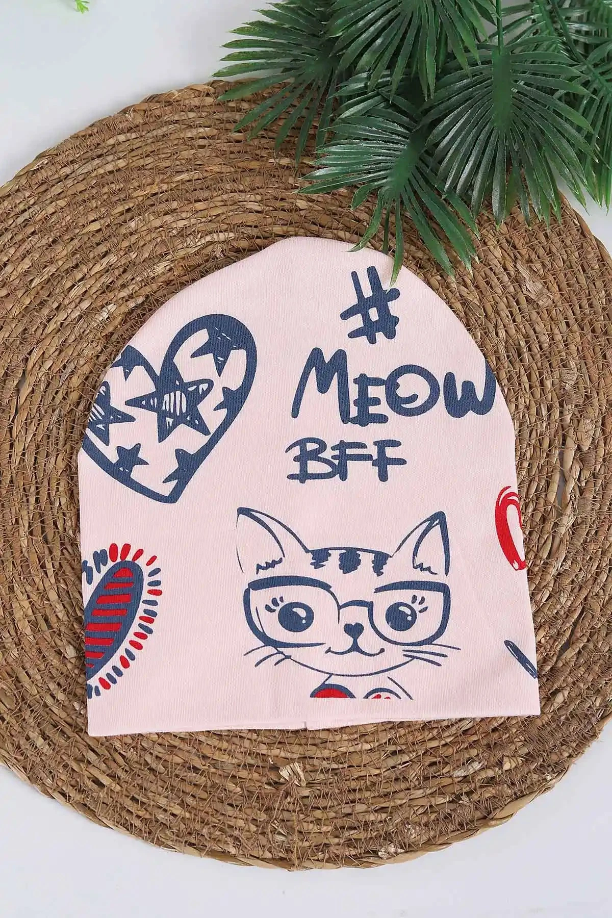 Kedi Baskılı Penye Kumaş Çocuk Beresi 1-3 Yaş BR35 - PUDRA