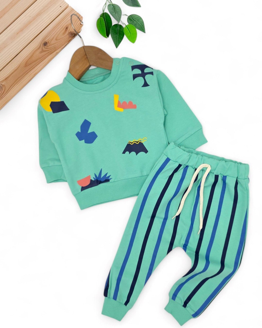 Erkek Bebek Mevsimlil Baskılı Sweatshirt, Çizgili Altlı 6-9-12-18-24 Ay 2'li Alt Üst Takım R2103 - YEŞİL