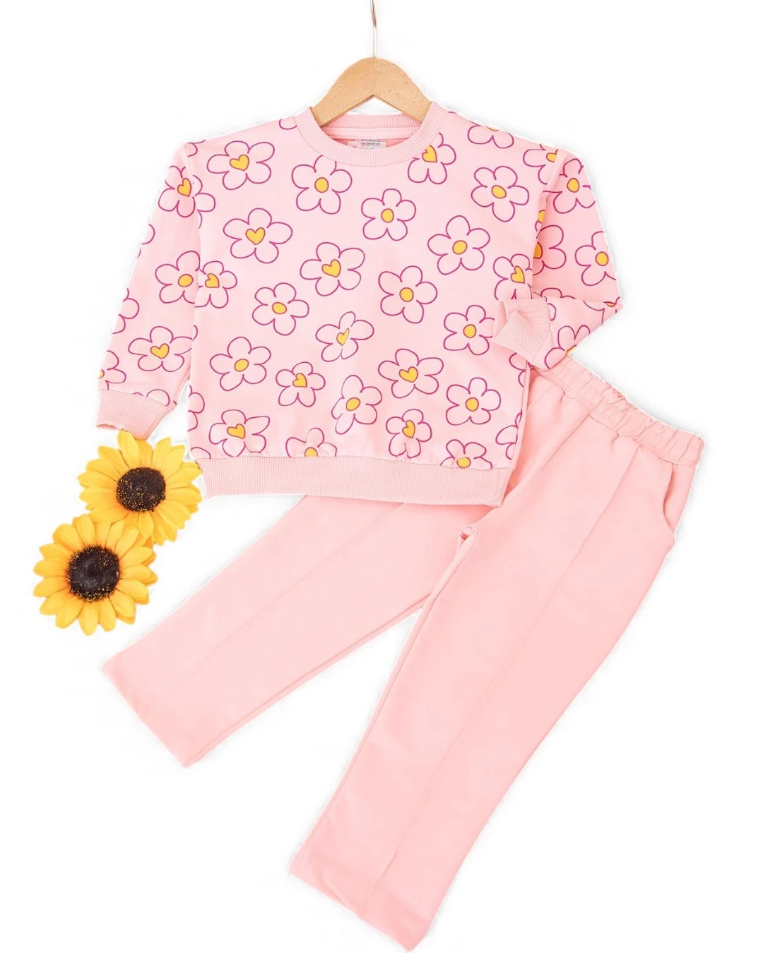 Kız Çocuk Mevsimlik Çiçek Baskılı, Çimalı Pantalonlu 2-10 Yaş Arası Eşofman Takımı R2391