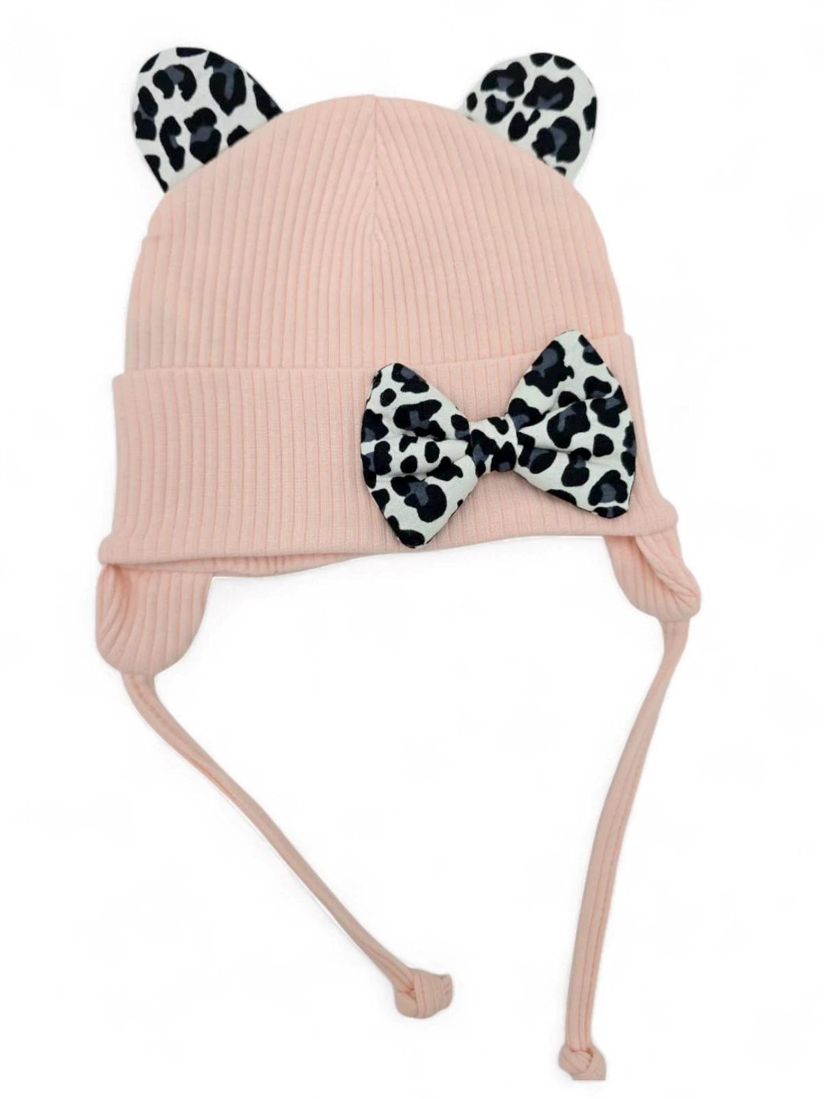 Kız Bebek Leopar Desenli Fiyonklu Kulaklı Bere 0-12 AY BR37 - SOMON