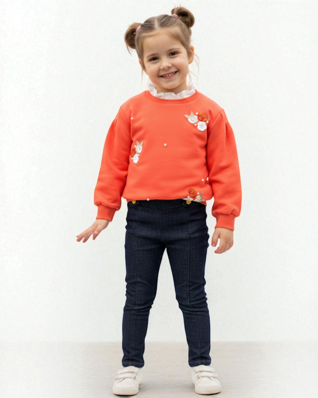 Kız Çocuk Çiçek Nakışlı Yaka Detaylı, Taytlı 2-10 Yaş Arası, Şık Alt Üst Takım R2329 - NAR ÇİÇEĞİ