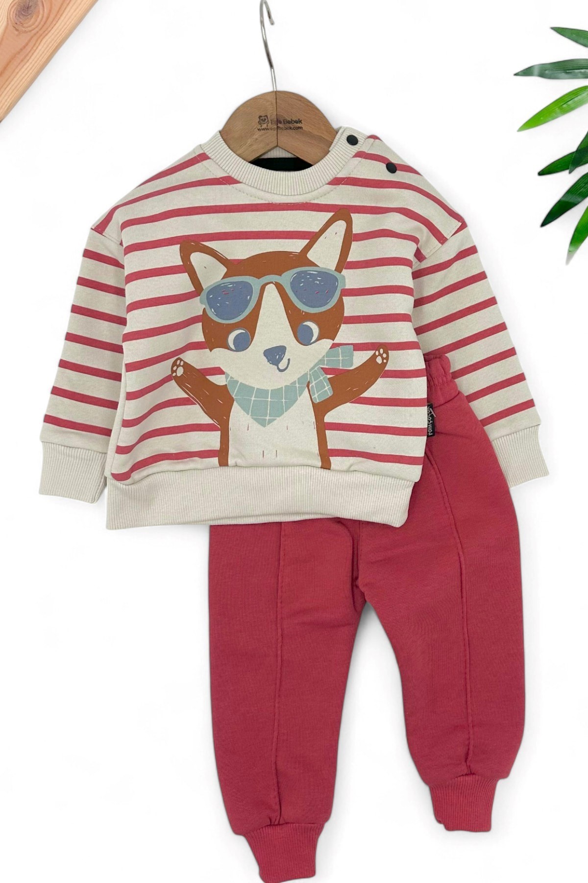ERKEK BEBEK KIŞLIK 3 İP ŞARDONLU POLARLI TİLKİ BASKILI ÇİZGİLİ ALT ÜST BEBEK TAKIMI  R1454 - KIRMIZI