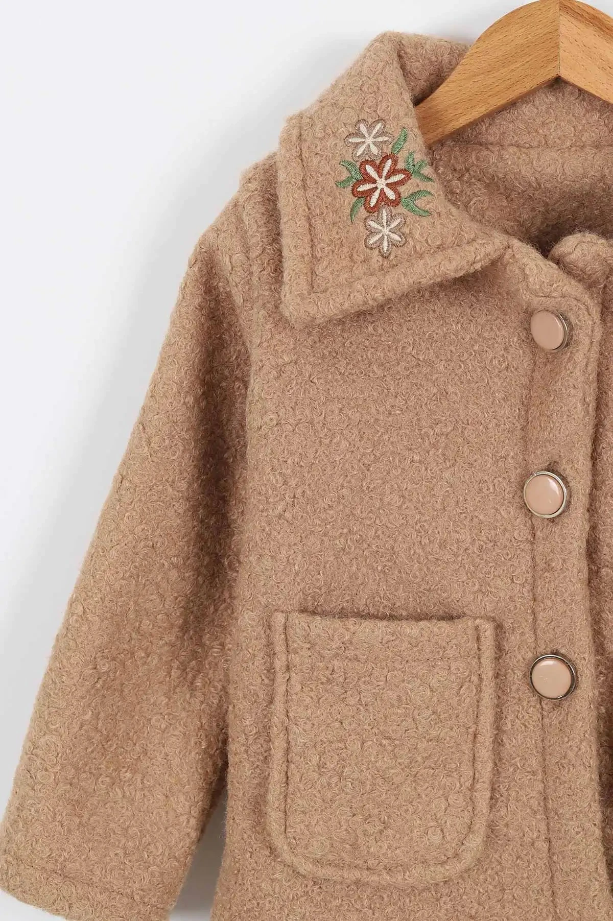 Kız Çocuk Çiçek Nakışlı Yakalı 2-3-4-5-6-7 Yaş Düğmeli Kaban OT98