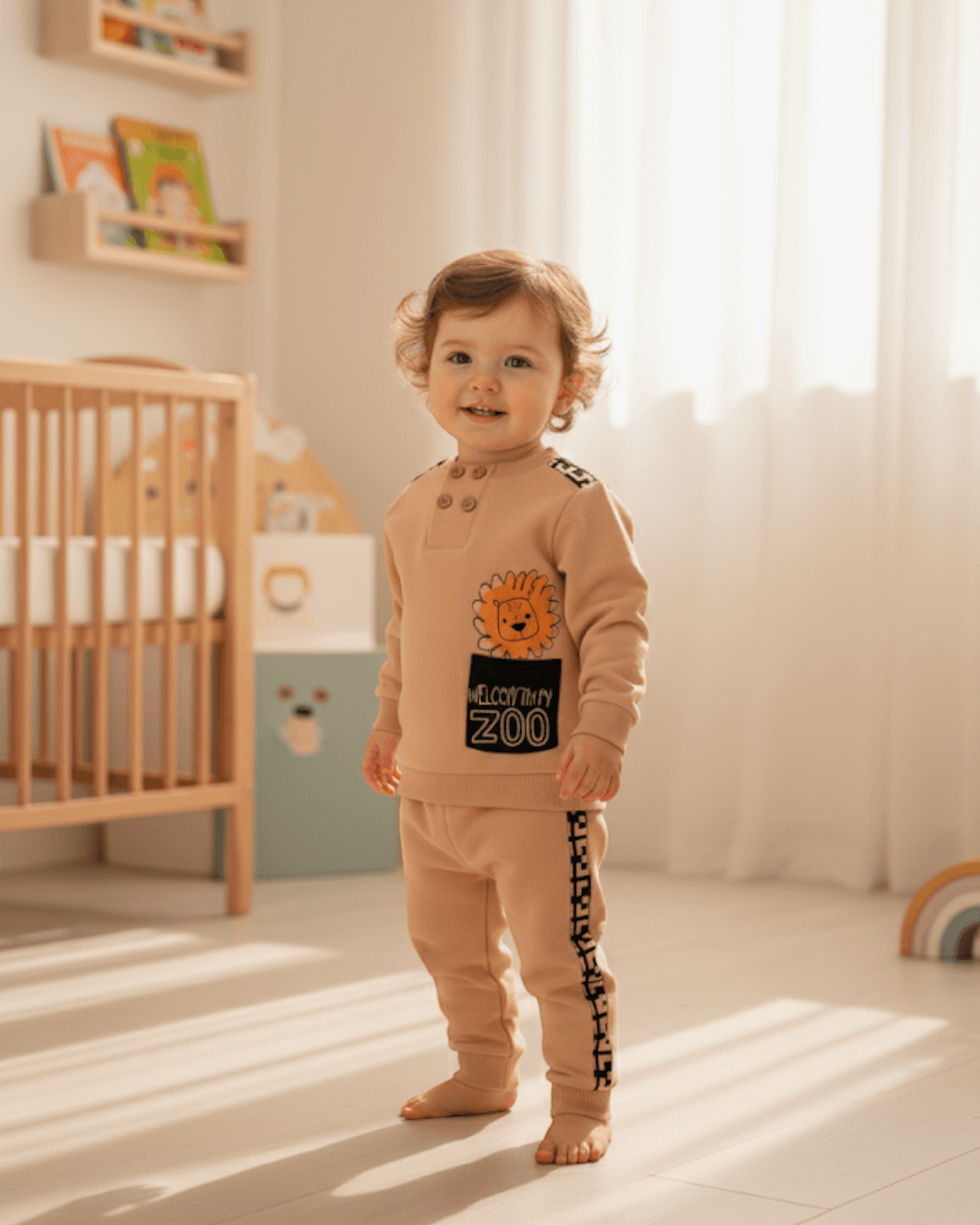 Mevsimlik Erkek Bebek Takımı 6-24 Ay, Ahşap Düğmeli , Bisiklet Yakalı, Zoo Baskılı, Uzun Kollu Takım R994