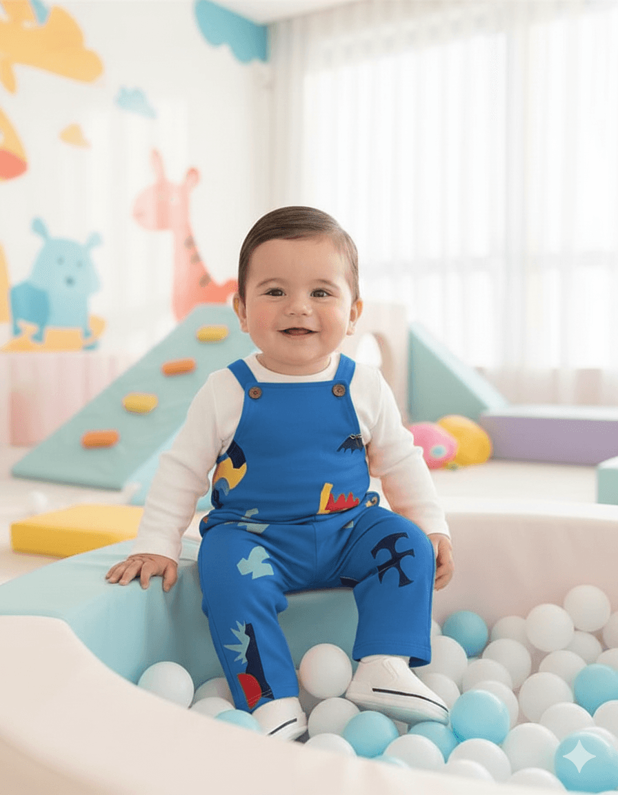 Erkek Bebek Baskılı, Salopet / Bahçıvan Tulum ve İç Badili Set 6-9-12-18-24 Ay  R2095 - MAVİ