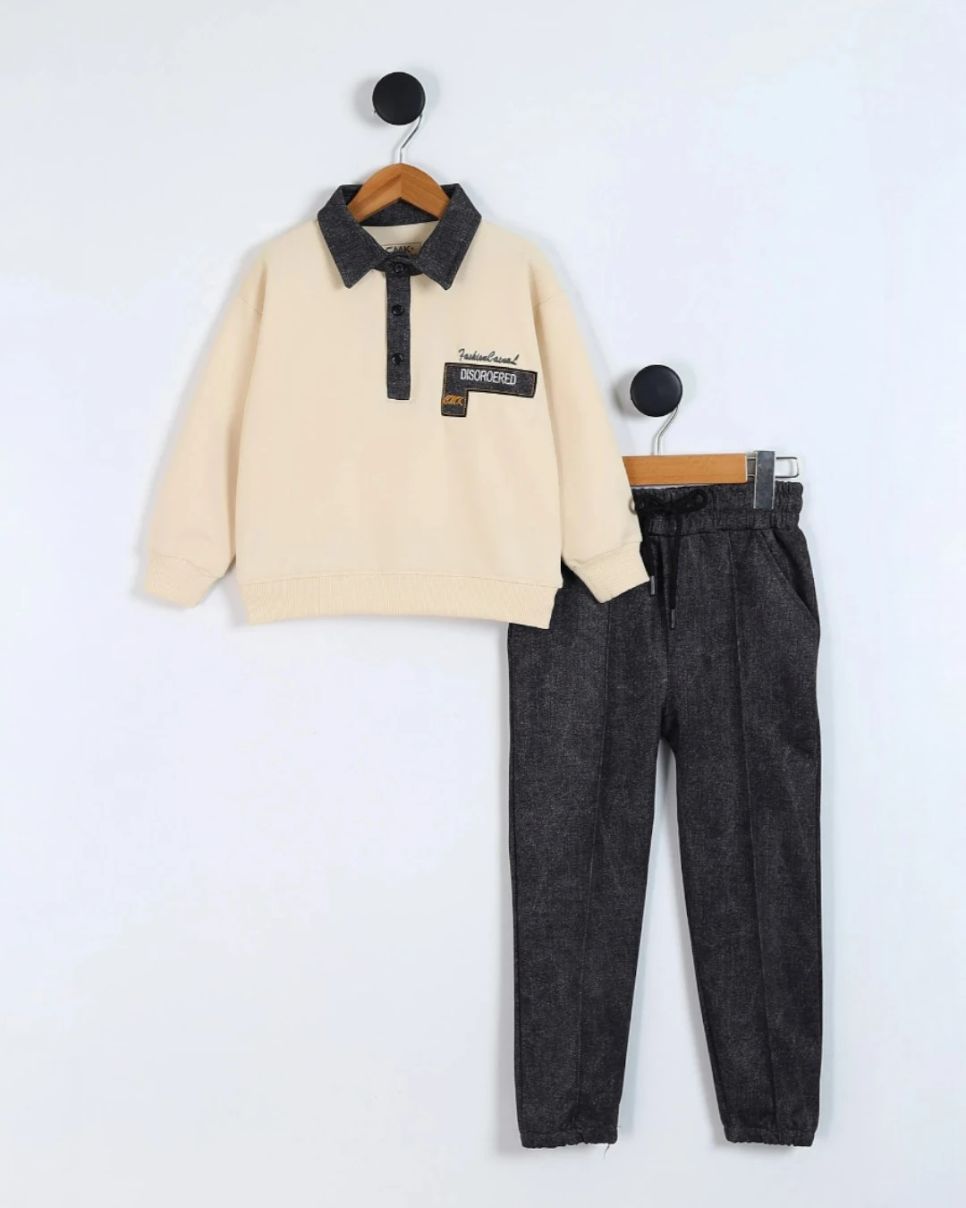 Erkek Çocuk Mevsimlik Gömlek Yakalı Sweatshirt ve Pantalonlu Alt Üst Şık Takım 4-11 Yaş R2262