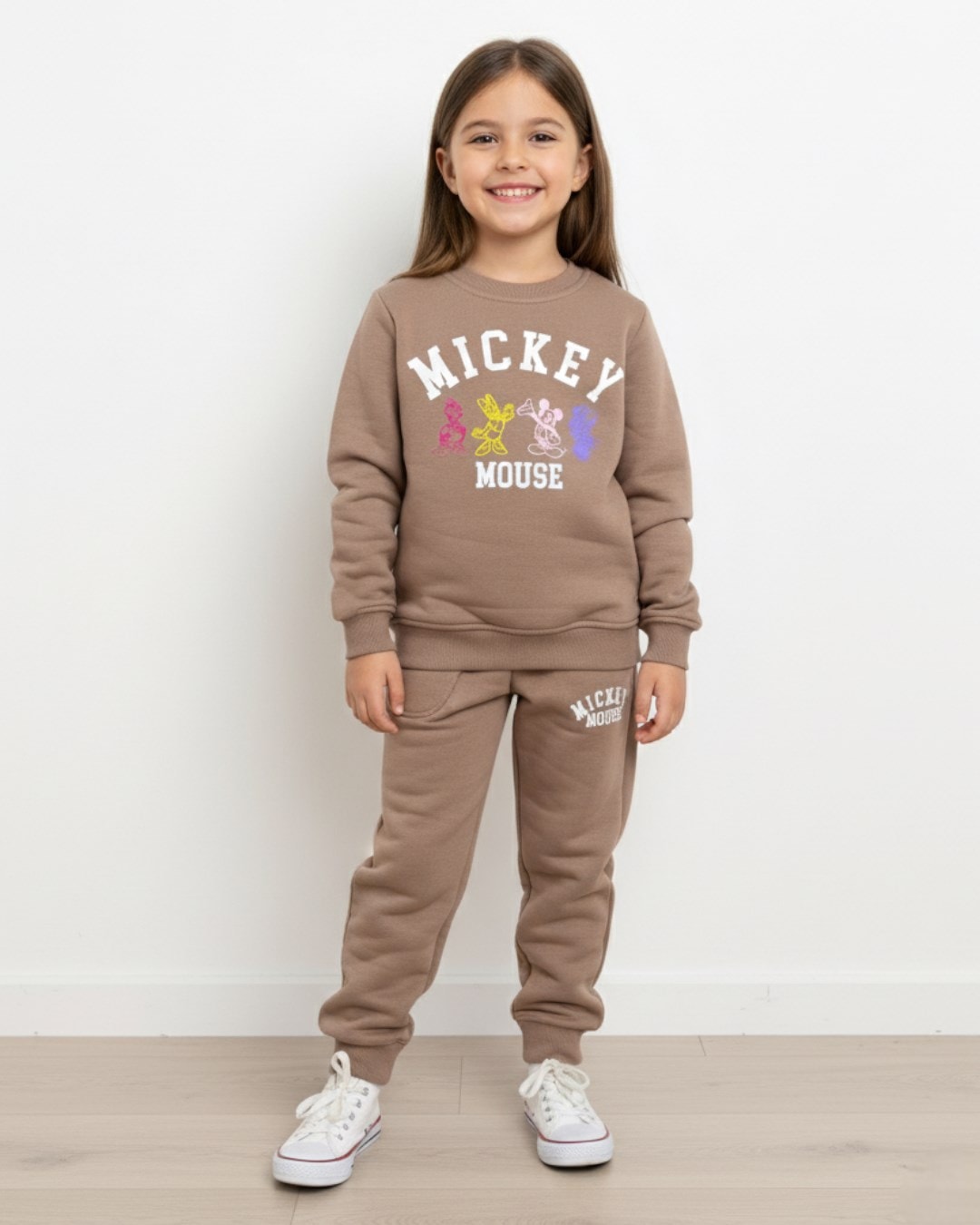Kız Çocuk Kışlık 3 İp Şardonlu 2-3-4-5-6 Yaş Mickey Baskılı  Alt Üst Eşofman Takımı R2287 - BEJ