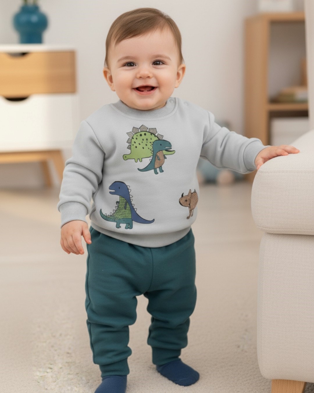 Erkek Bebek Dinazor Baskılı Mevsimlik 3-6-9-12-18 Ay Alt Üst Bebek Takımı R1490 - YEŞİL