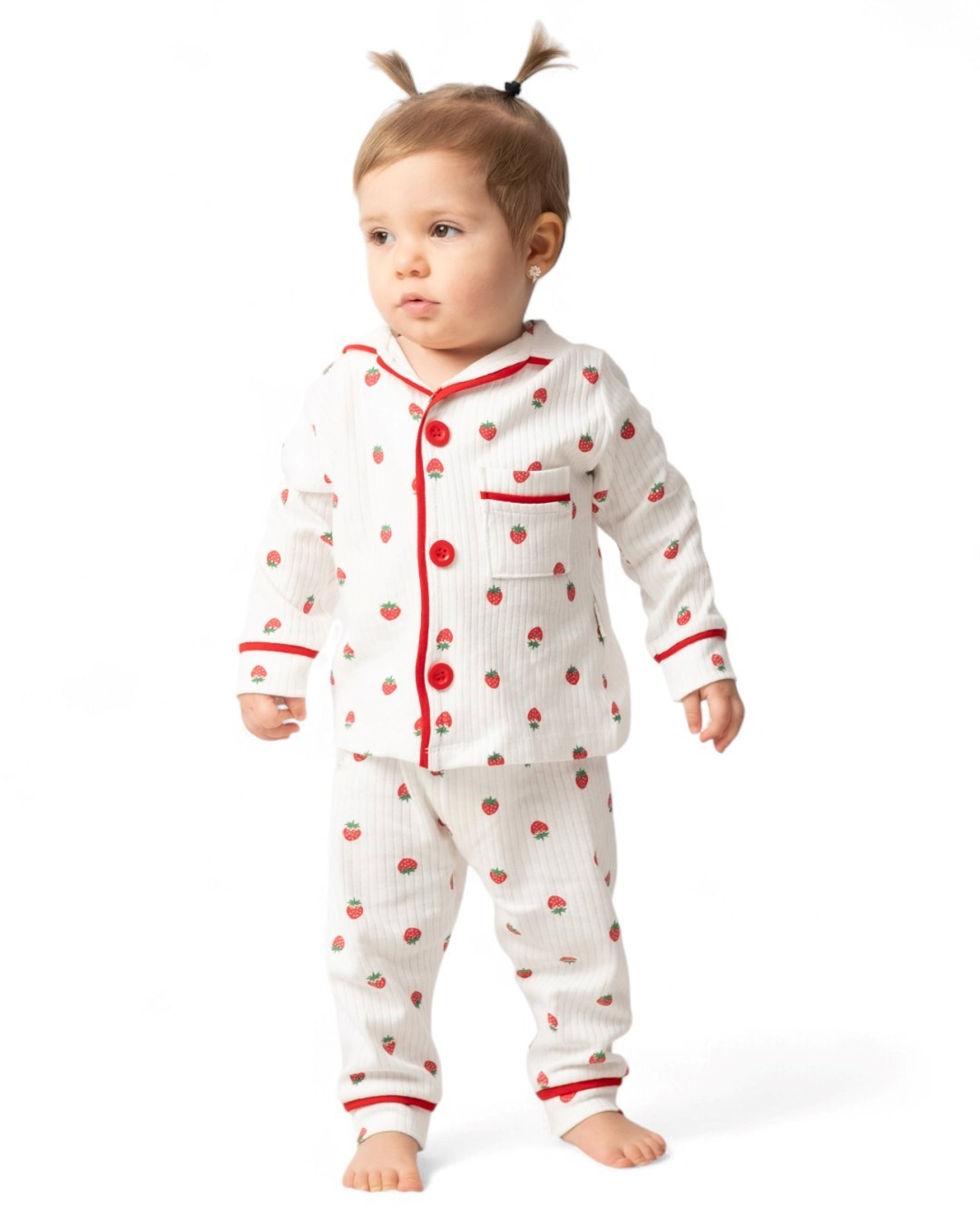 Kız Çocuk Çilek  Baskılı ruvaze Yakalı, Düğmeli Mevsimlik Gecelik Pijama Takımı 0-6 Yaş R2186