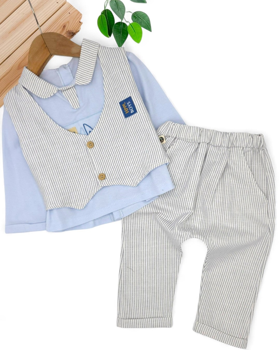 Erkek Bebek 6-9-12-18 Ay Çizgili, Yelekli 3 Parça Şık Bebek Takımı R2258 - BUZ MAVİSİ