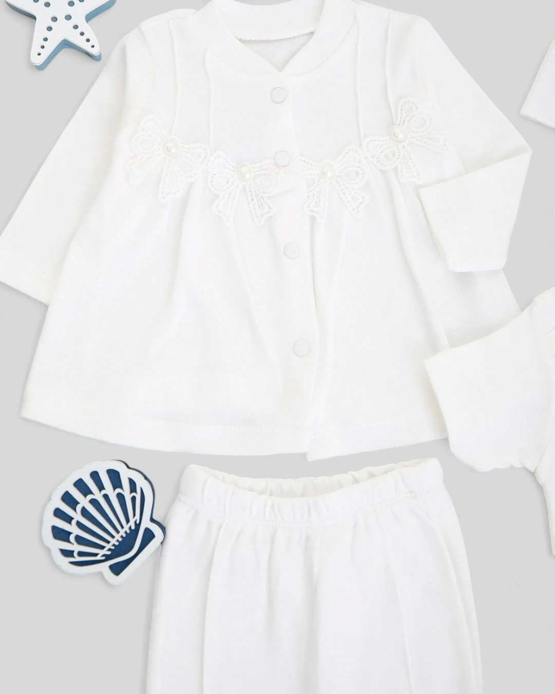 Kız Bebek 10 Parça İnci Detaylı Fiyonklu Hastane Çıkışı Zıbın Takımı R2355