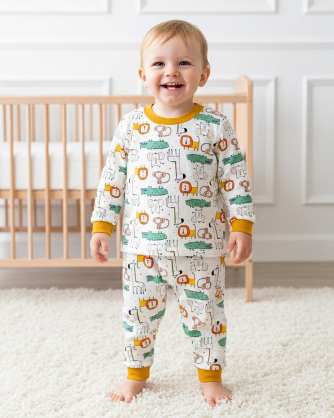 Erkek Bebek Hayvanlar Baskılı Mevsimlik %100 Pamuklu Bisiklet Yakalı Gecelik Pijama Takımı 0-6 Yaş R2253