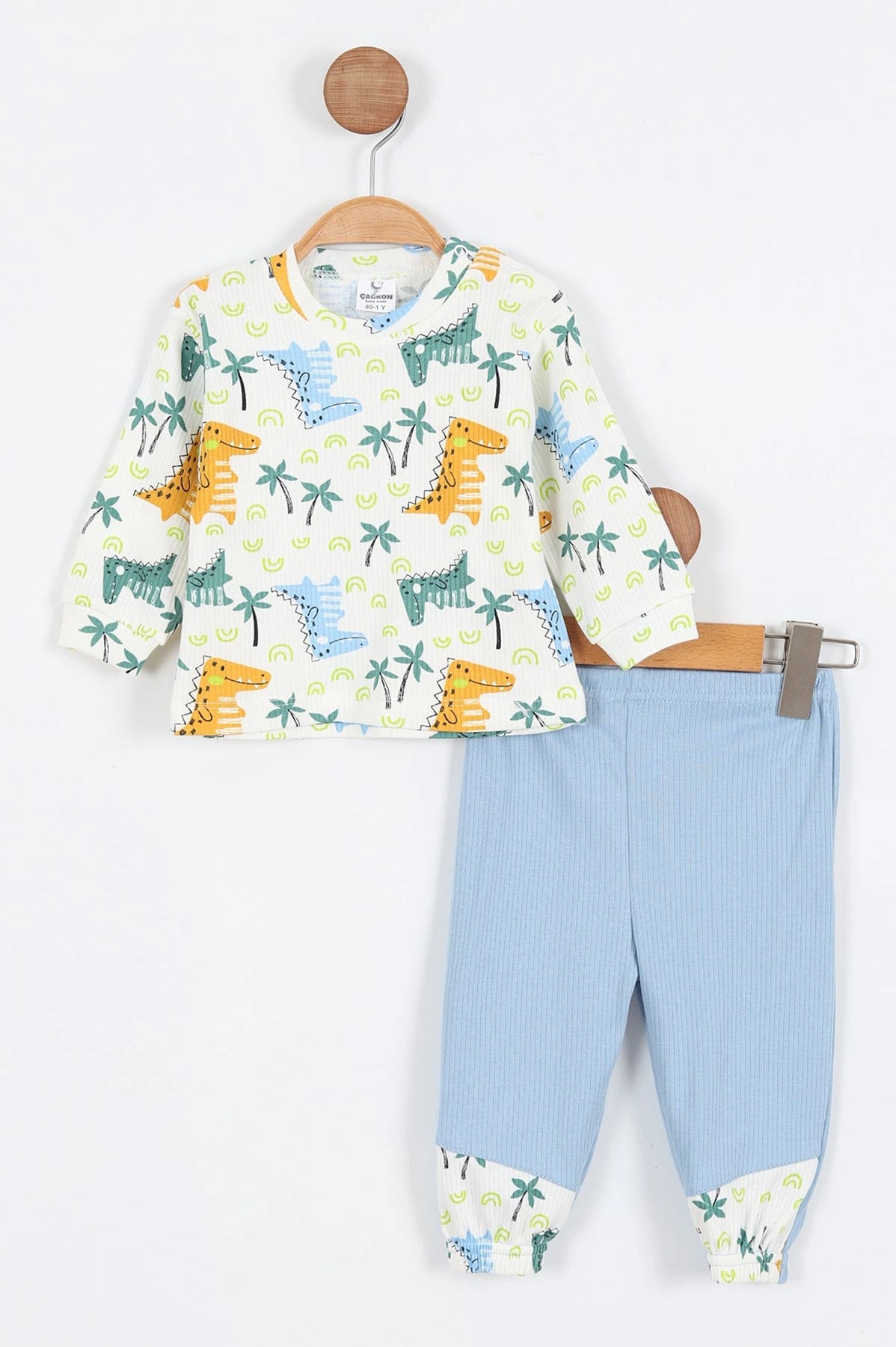 ERKEK BEBEK MEVSİMLİK 3 PARÇA YELEKLİ KAPÜŞONLU DİNOZOR BASKILI 3'LÜ TAKIM R1815