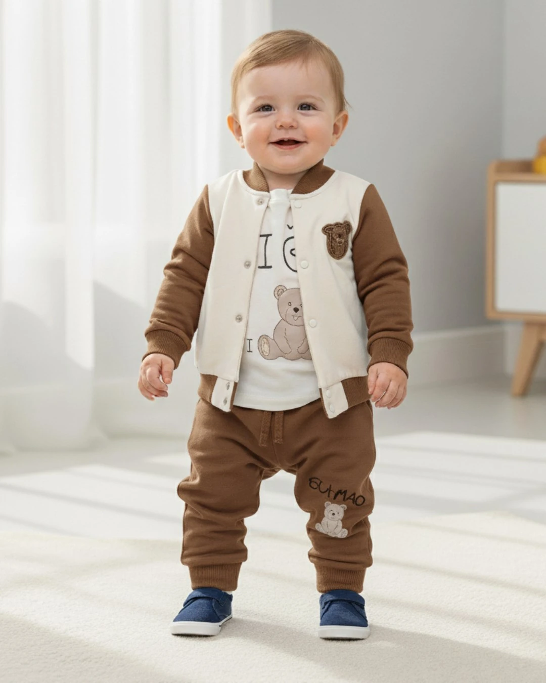 Erkek Bebek 3'lü Mevsimlik Takım | Kolej Ceketli, Uzun Kollu Üst ve Alt Takım | 6-9-12-18-24 Ay R2339 - KAHVERENGİ