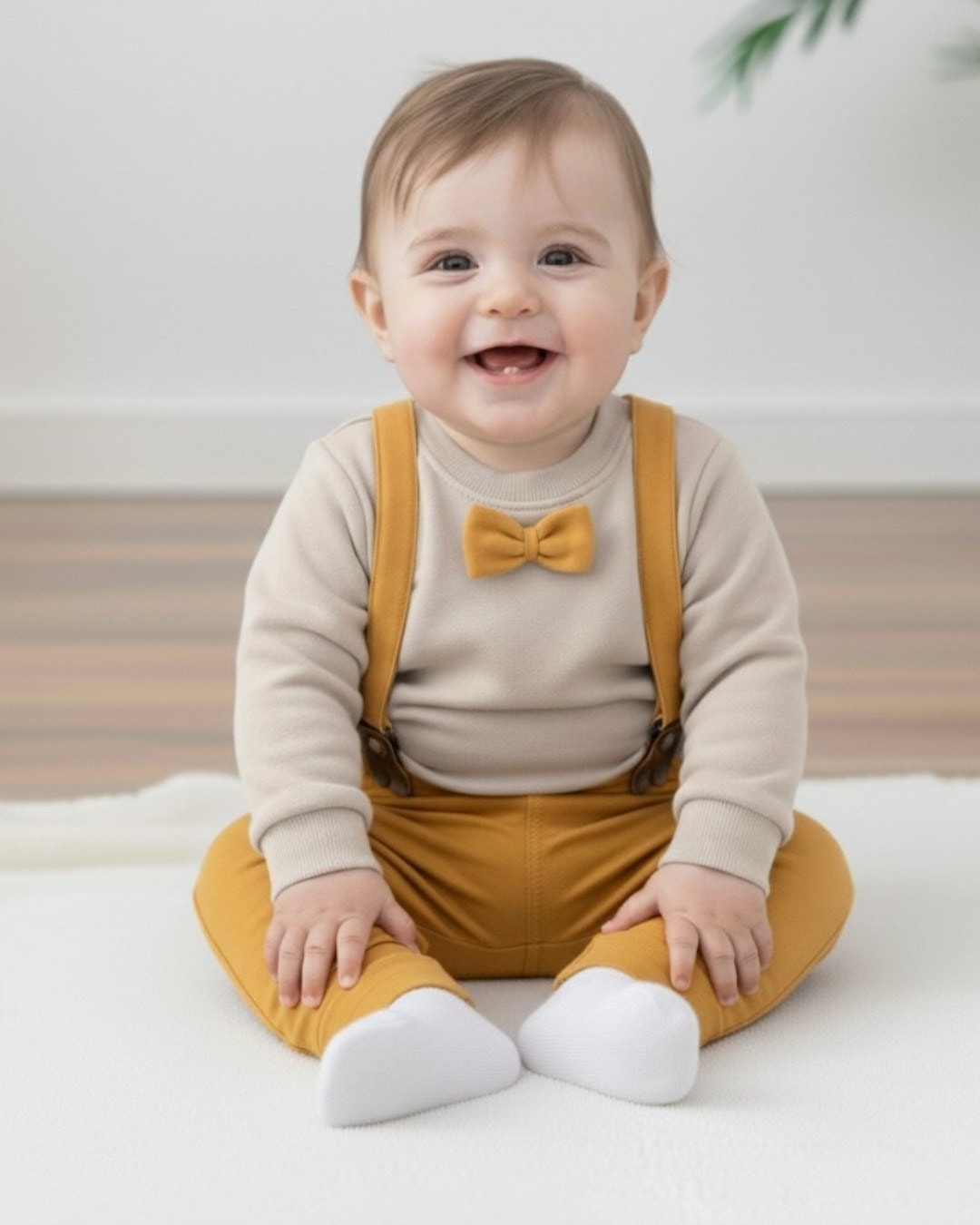 Erkek Bebek Papyonlu Kendinden Askılıklı Bodyli 2 İplik Mevsimlik Şık Bebek Takımı 3-6-9-12 AY R1378 - SARI