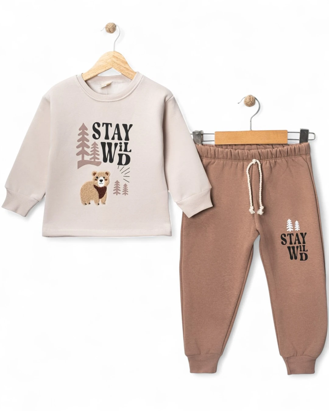 Erkek Çocuk Kışlık 3 İp Şardonlu, Ayıcık Nakışlı, 1-2-3-4 Yaş Alt Üst Bebek Eşofman Takımı R2342