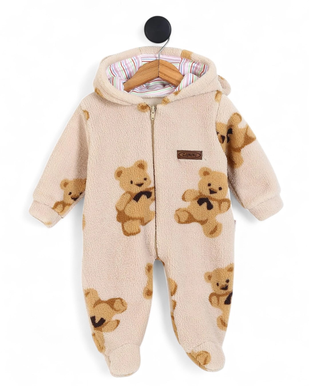 6-9 Aylık Ayıcıklar Baskılı Fermuarlı Kışlık Welsoft Peluş Kapşonlu Tulum , Ayakları Kapalı R2202