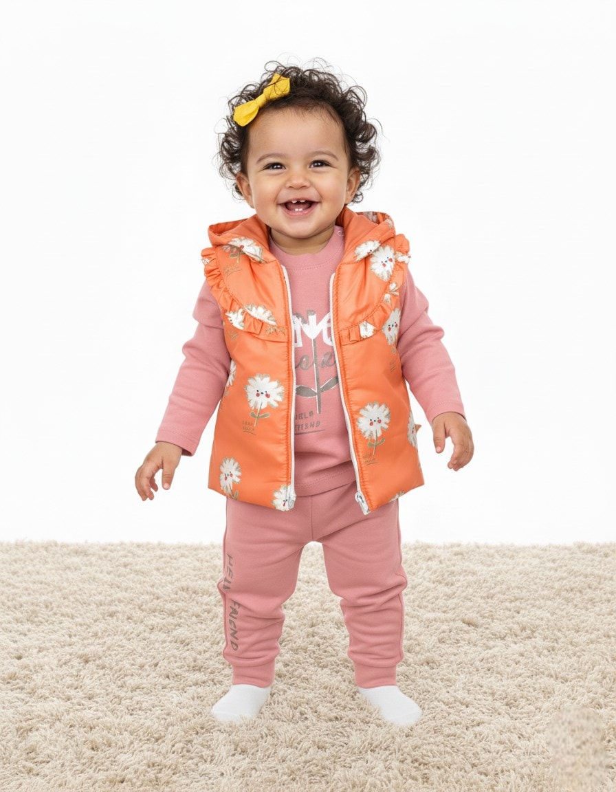 Kız Bebek Mevsimlik Şişme Yelekli, 3 Parça Alt Üst Takım , 6-9-12-18 Ay Yelekli Takım R2312 - TURUNCU