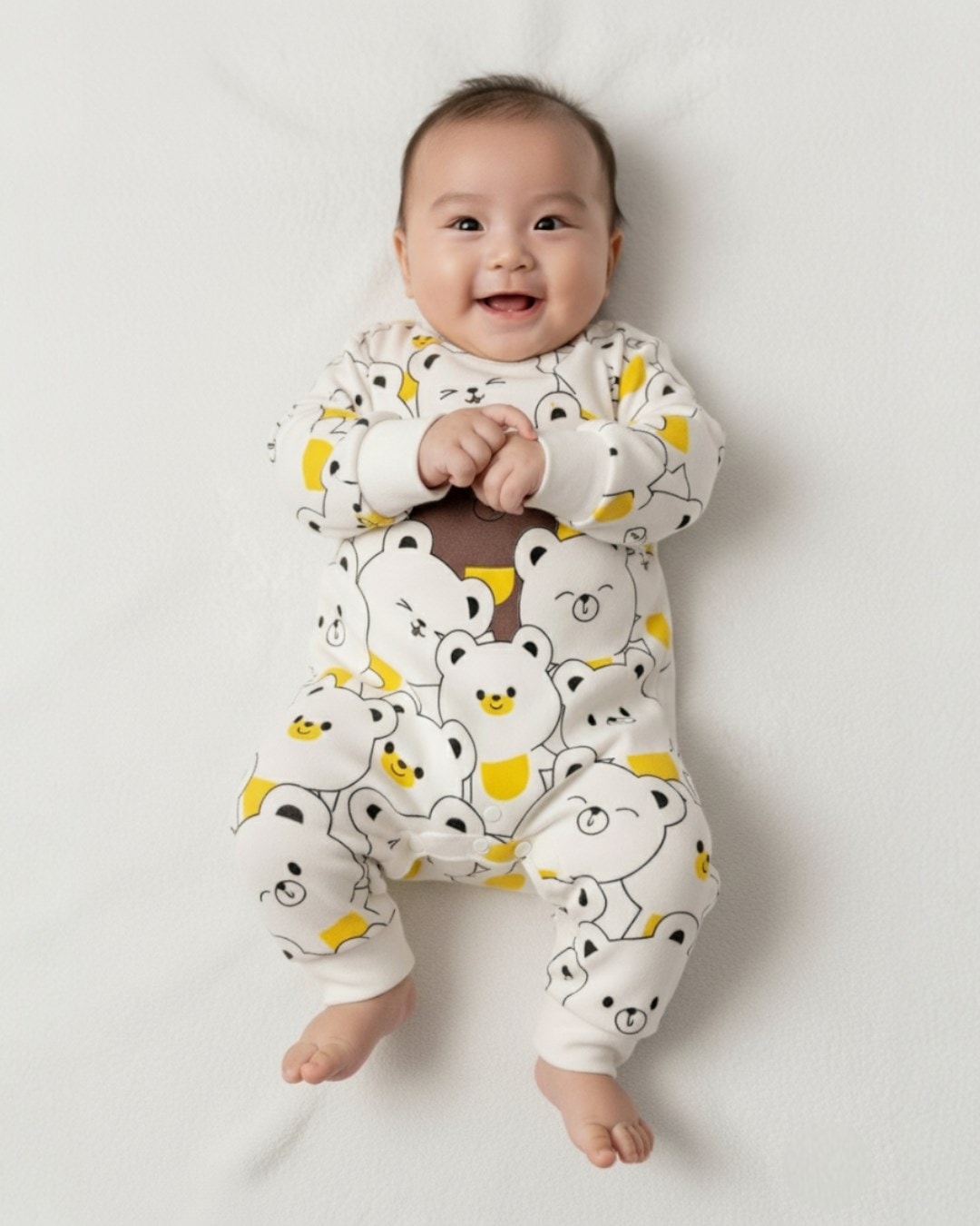 Erkek Bebek Hello Ayılar Baskılı Mevsimlik Yeni Doğan Alttan Çıtçıtlı  0-3-6-9-12 Ay Tulum R1499 - EKRU