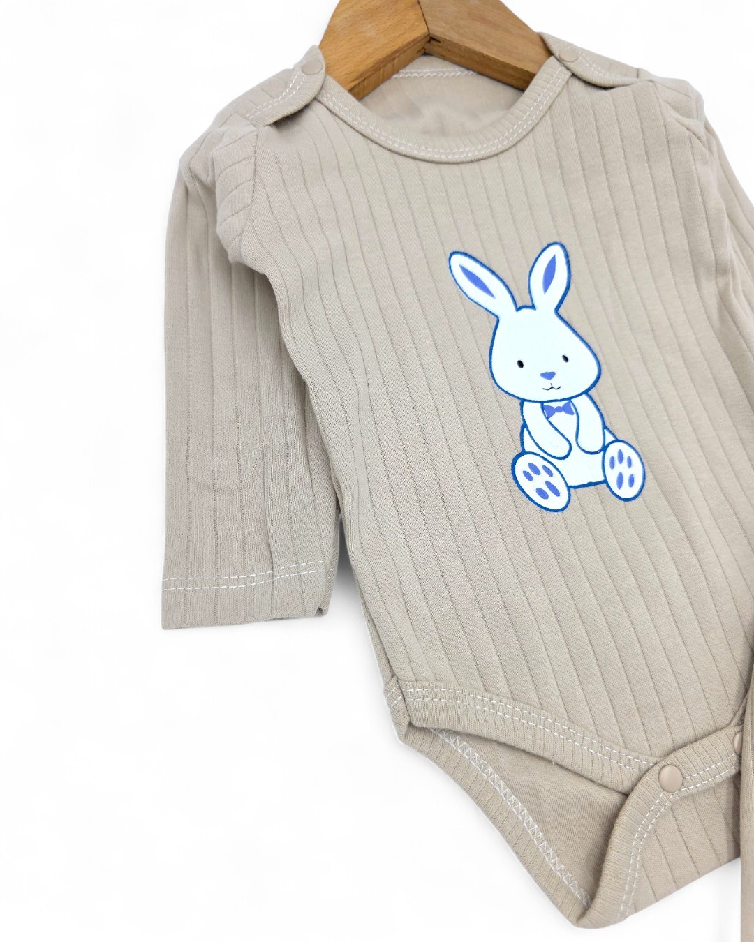 Kız Bebek Yenidoğan Tavşan Nakışlı Fitilli Çıtçıtlı Badi ve Altlı Natural Pamuk Bebek Takımı 0-9 Ay  R2154
