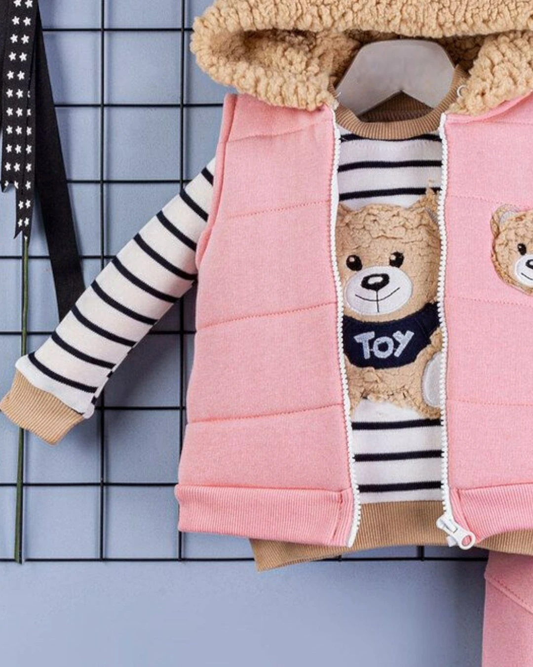 Kız Bebek 3 İp Şardonlu, Welsoft Kapüşonu Kulak Detaylı 6-9-12-18 Aylık, 2-3-4 Yaş 3 Parça Kışlık Takım R2240