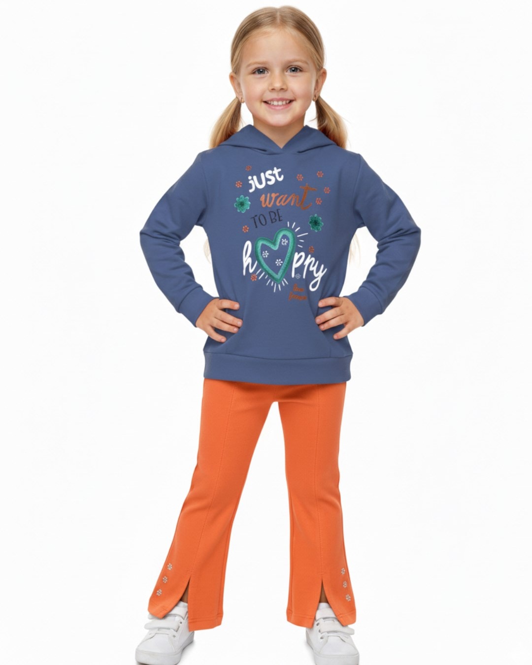 Kız Çocuk İspanyol Paça Taytlı Kapüşonlu Sweatshirtlü Mevsimlik Alt Üst Takım R2325 - MAVİ