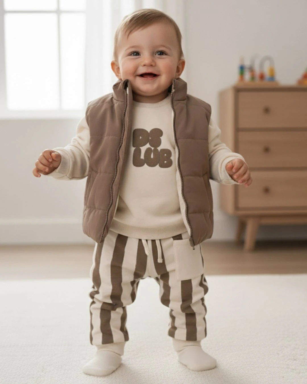 Erkek Bebek Yelekli Şık Kombin, 6-9-12-18-24 Aylık 3 Parçalı Şişme Yelekli Alt Üst Bebek Takımı R2344 - BEJ