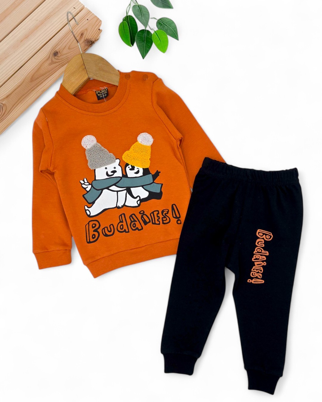 Erkek Bebek Mevsimlik Penguen Baskılı %100 Pamuk 2'li Alt Üst Erkek Bebek Takımı R962 - KİREMİT