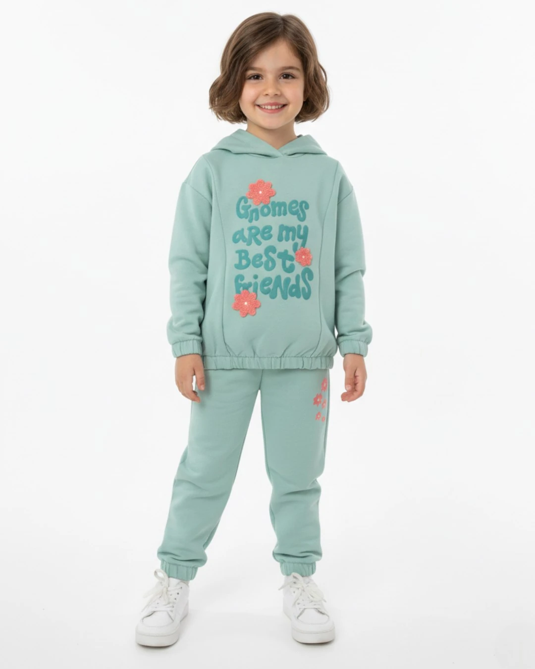 Kız Çocuk 2-3-4-5-6 Yaş, Mevsimlik Kapüşonlu , Çiçek Nakışlı Compact Eşofman Takımı R2317 - MİNT YEŞİLİ