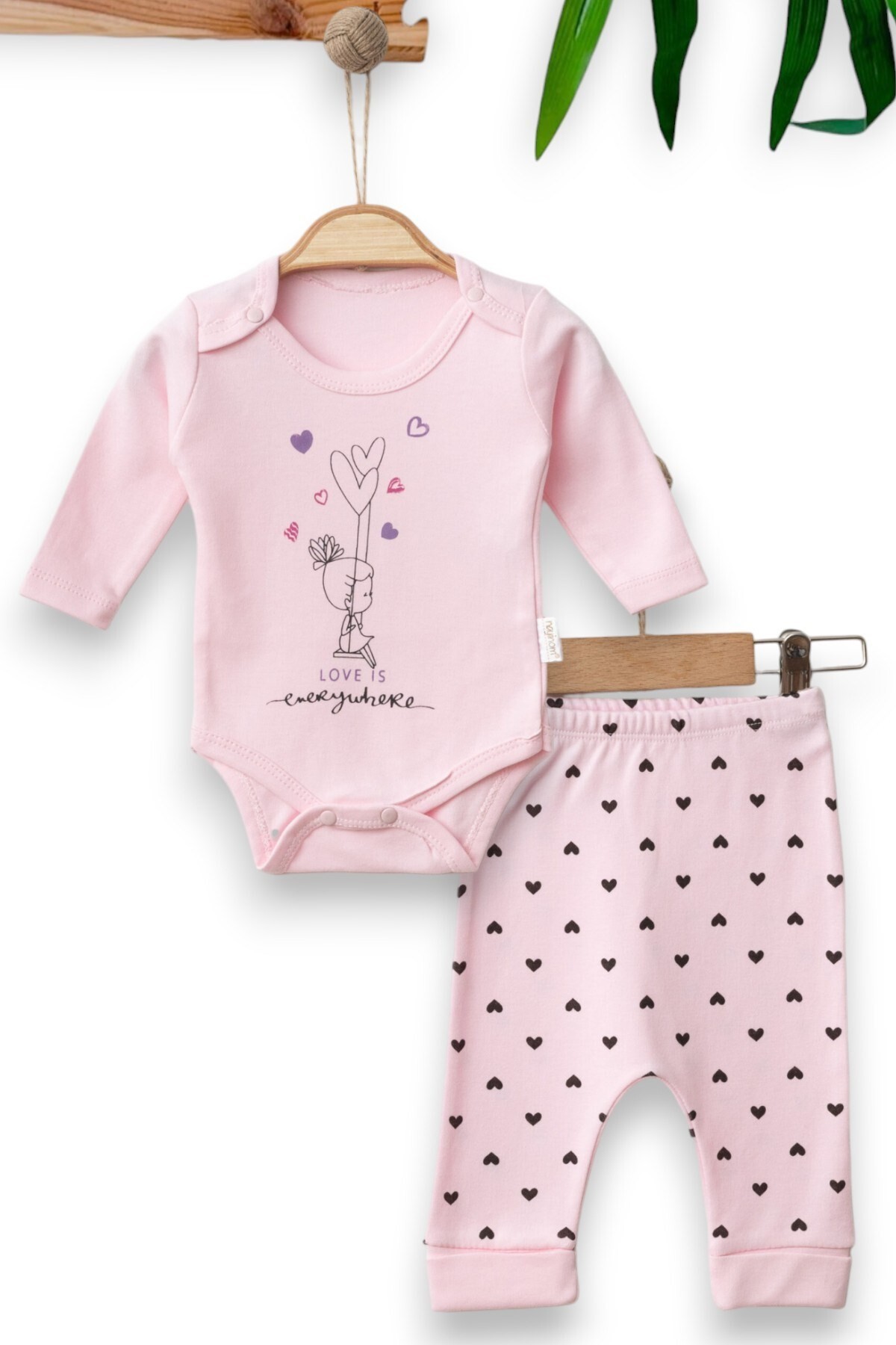Kız Bebek Yenidoğan Kalp Desenli Çıtçıtlı Badi ve Altlı Natural Pamuk Bebek Takımı 0-9 Ay R851 - PEMBE