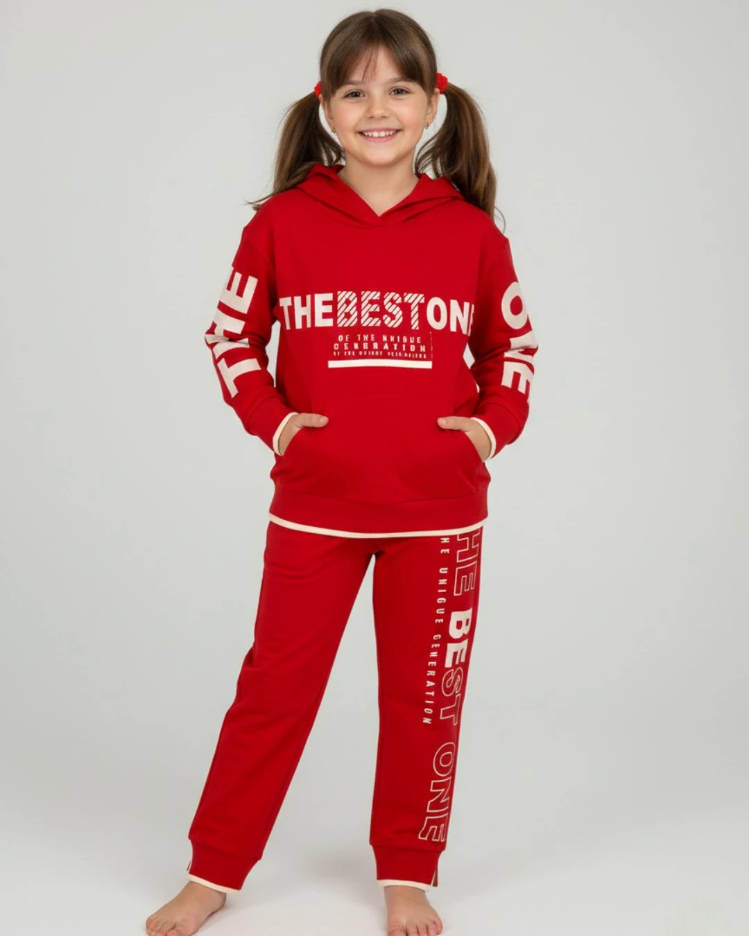 Kız Çocuk Mevsimlik Baskılı Kapüşonlu 6-7-8-9-10 Yaş Compact Eşofman Takımı, Alt Üst Takım R2406 - KIRMIZI