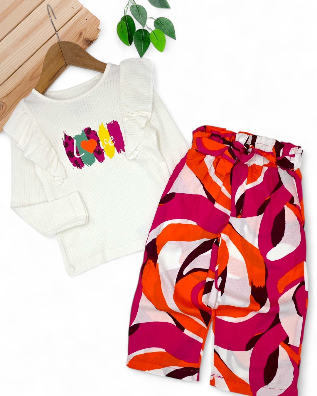 Kız Çocuk 2-6 Yaş Mevsimlik Fırfırlı Dokuma Pantalonlu  Alt Üst Takım R983 - BEYAZ