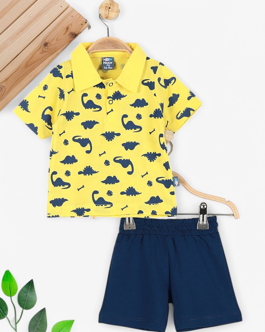 ERKEK BEBEK YAZLIK DİNAZOR BASKILI POLO YAKALI 6-9-12-18-24 AY BEBEK TAKIMI R1700 - SARI