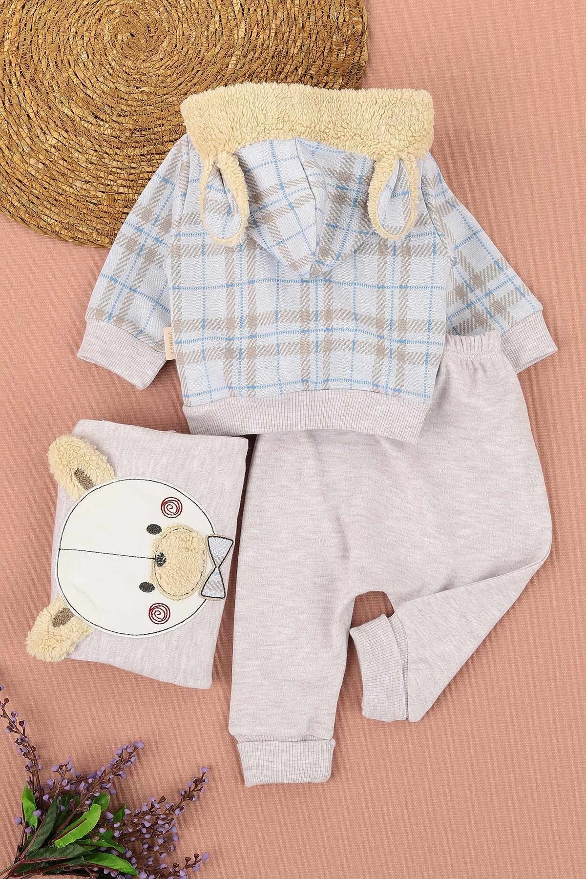 Erkek Bebek Papyonlu Ayıcık Detaylı Tavşan Kulaklı 3 Parça Özel Gün Takımı /Doğum Günü/ Bayramlık R375