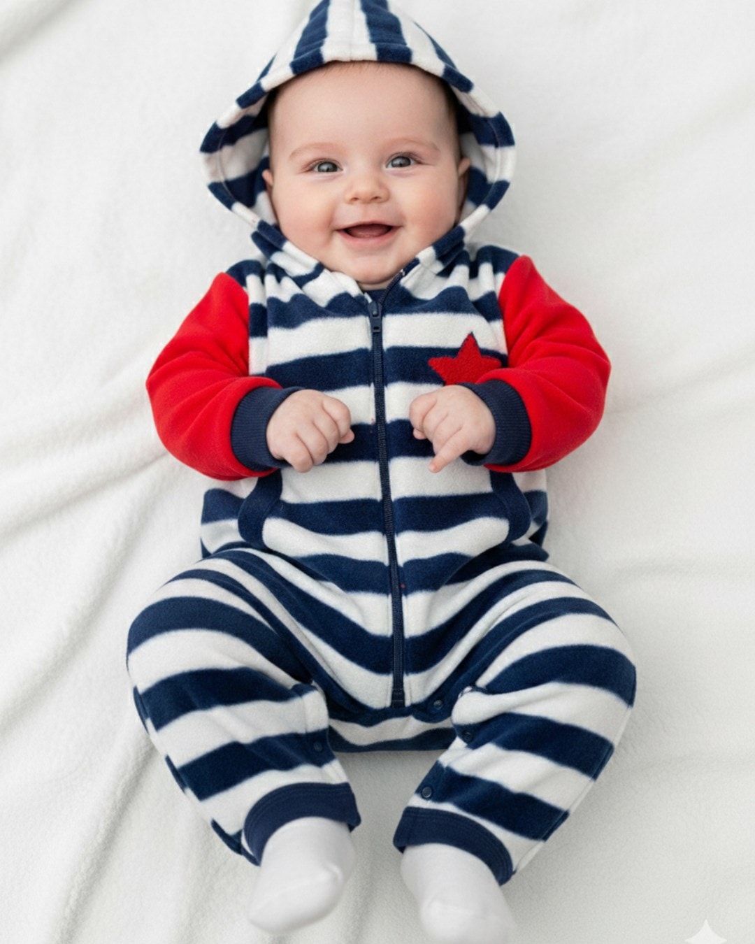 Erkek  Bebek Kışlık Fermuarlı Çizgili Kulak Detaylı Welsoft Tulum 3-6-9-12 Ay R1324