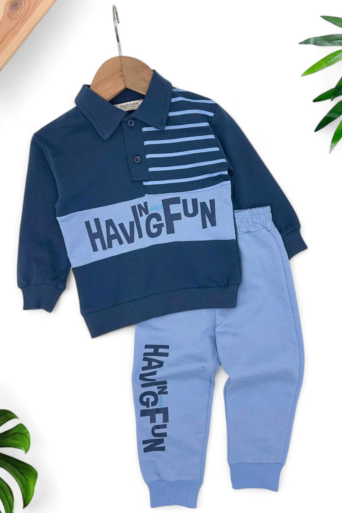 ERKEK BEBEK MEVSİMLİK YAKALI BASKILI COOL TAKIM 3-6-9-12-18-24 AY R1401 - MAVİ