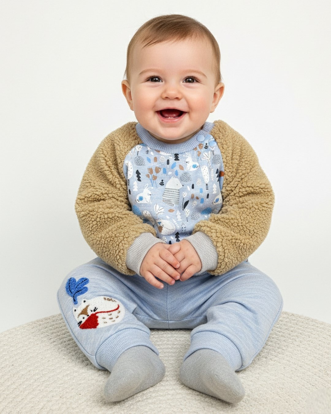 Erkek Bebek Şardonlu Welsoft Kol Detaylı Kışlık 2'li Baskılı Takım 0-3-6-9 Ay R1213 - BEBE MAVİSİ